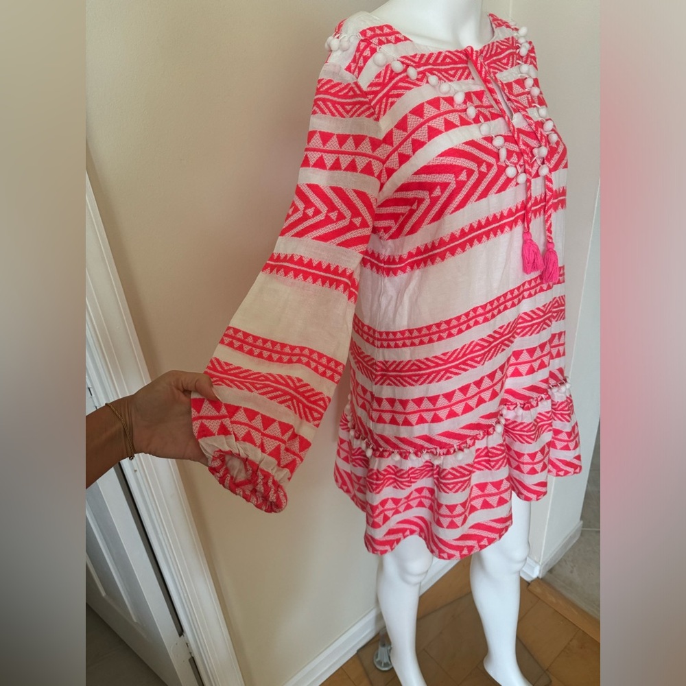 SAIL TO SABLE STRIPE LONG SLEEVE RUFFLE HEM DRESS - WHITE/PINK - Picture 8 of 12